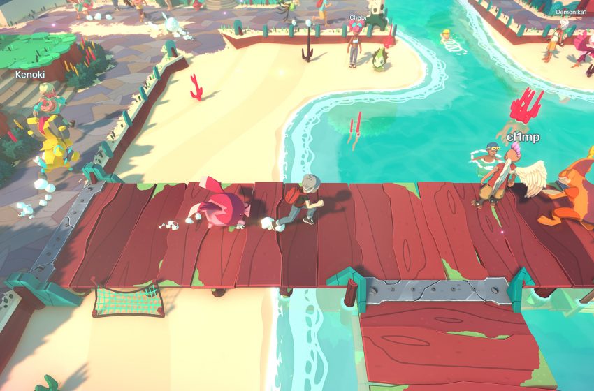 Beach with a dock and a player running across it with a Temtem behind them.