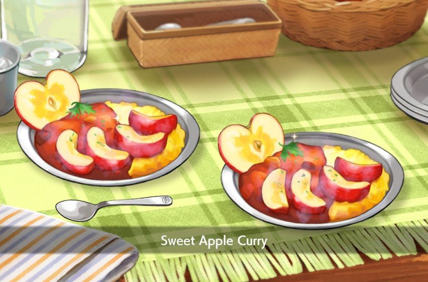 Plate of apple curry on a tablecloth with other plates, utensils, and water.