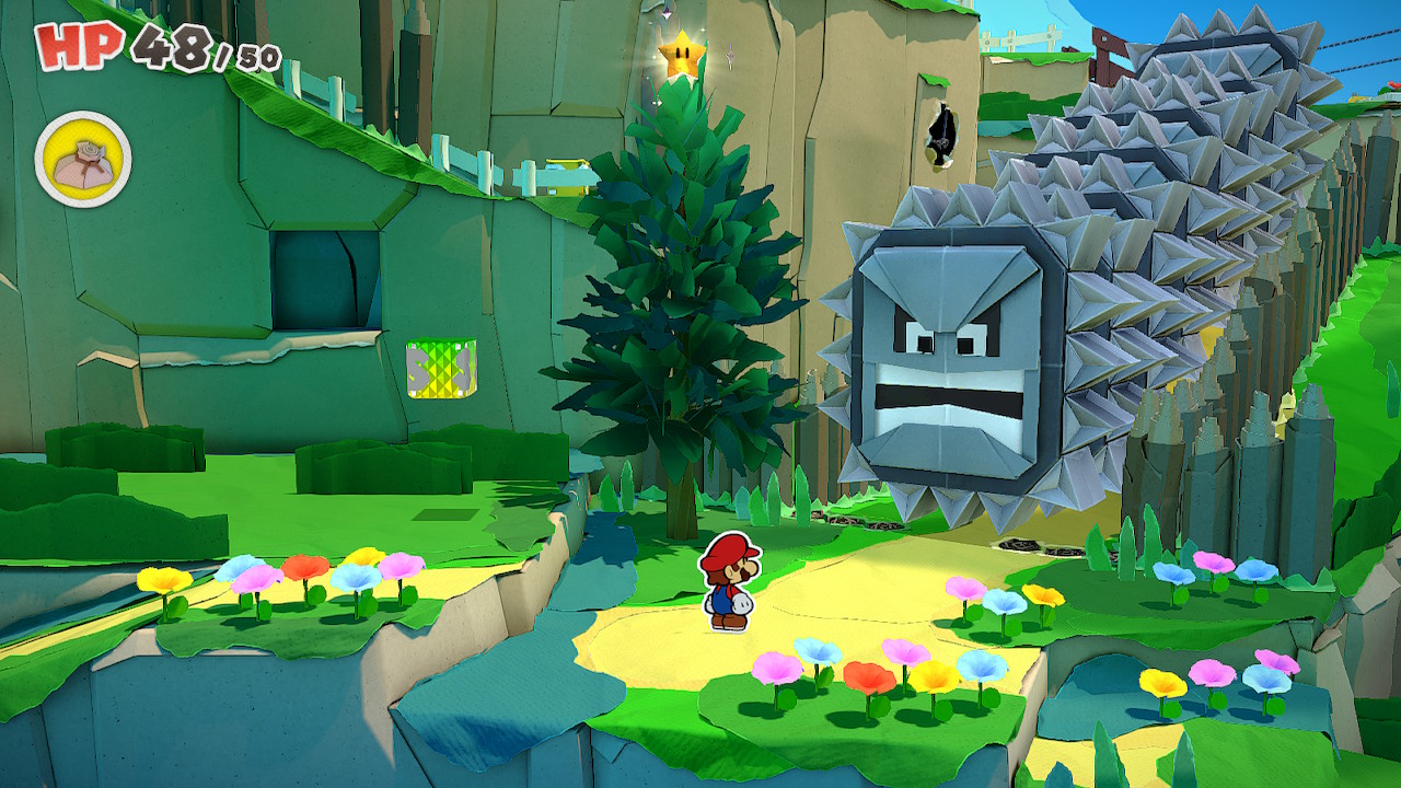 How to get past the thwomps and get the star at the top of the tree in Paper Mario The Origami