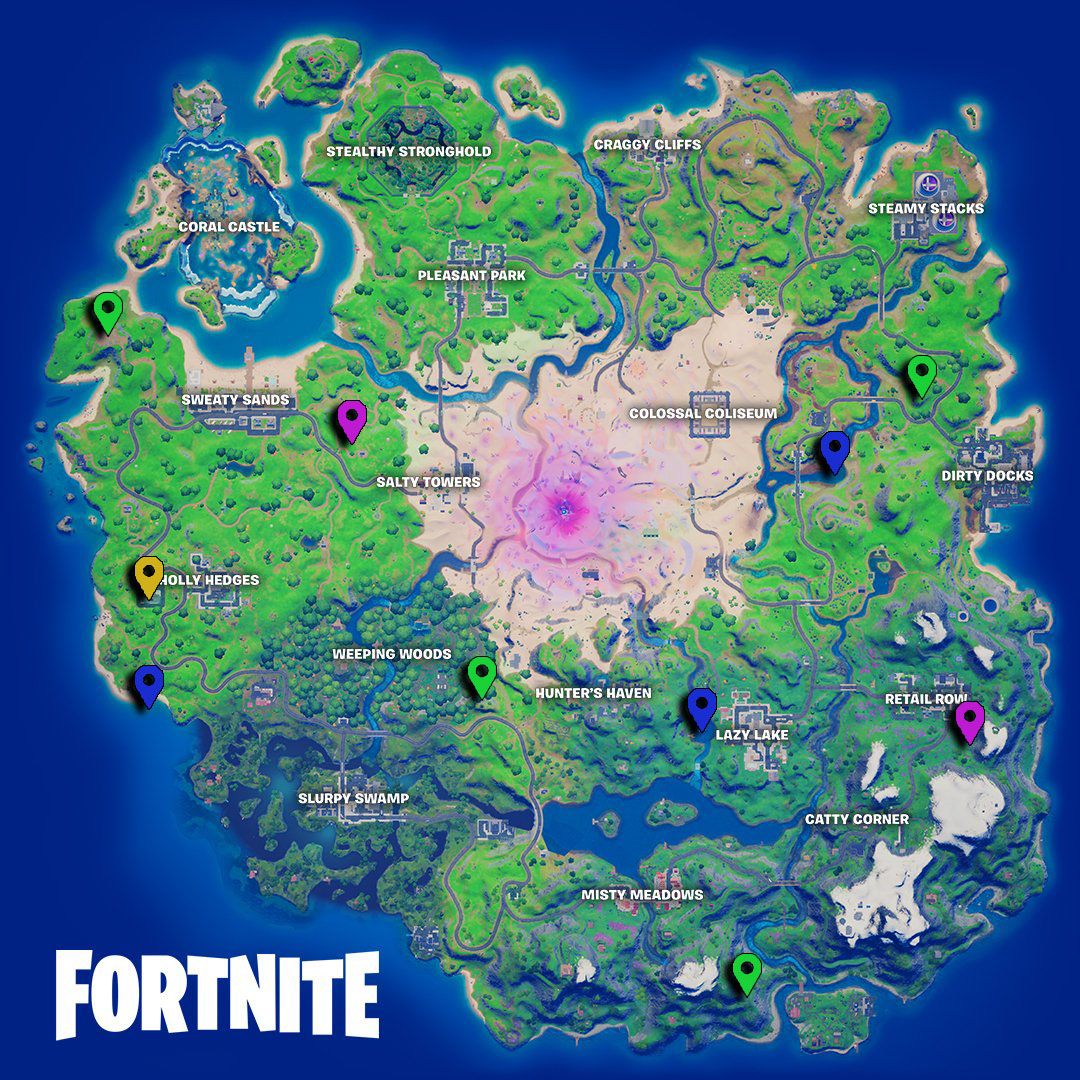 All XP Coin locations Fortnite Chapter 2 Season 5 Week 11 Green, Blue