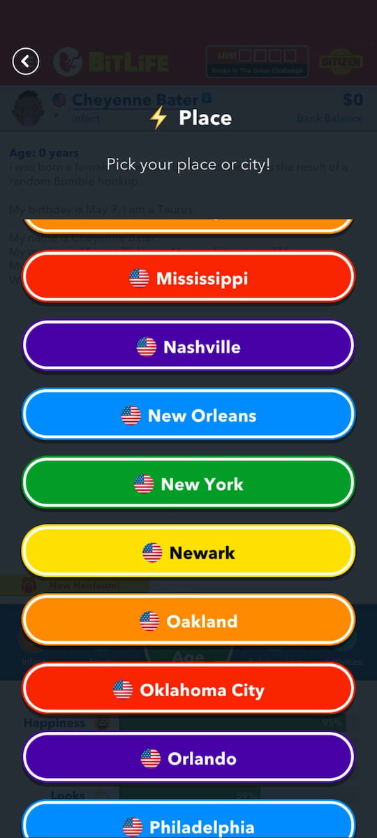 How to be born in New Jersey in BitLife Gamepur